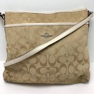 COACH F36378 Signature Beige & White Genuine Leather Trim FILE BAG Handbag Purse